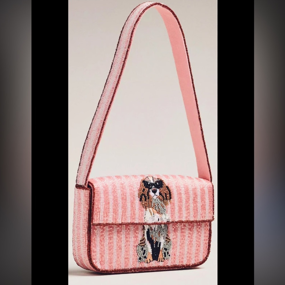 Anthropologie Pink Beaded Dog Cocker Spaniel Design Shoulder Bag
